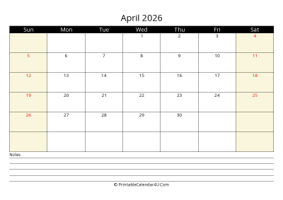 printable april calendar 2026 with us holidays,sunday start, notes at bottom, landscape, letter