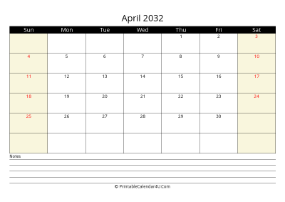 printable april calendar 2032 with us holidays,sunday start, notes at bottom, landscape, letter