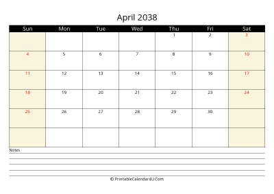 printable april calendar 2038 with us holidays,sunday start, notes at bottom, landscape, letter