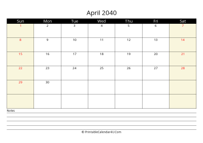 printable april calendar 2040 with us holidays,sunday start, notes at bottom, landscape, letter