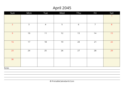 printable april calendar 2045 with us holidays,sunday start, notes at bottom, landscape, letter