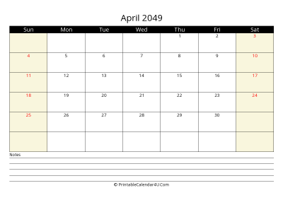 printable april calendar 2049 with us holidays,sunday start, notes at bottom, landscape, letter