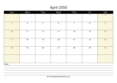 printable april calendar 2050 with us holidays,sunday start, notes at bottom, landscape, letter