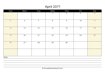 printable april calendar 2071 with us holidays,sunday start, notes at bottom, landscape, letter