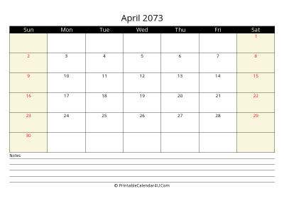 printable april calendar 2073 with us holidays,sunday start, notes at bottom, landscape, letter