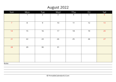 printable august calendar 2022 with us holidays,sunday start, notes at bottom, landscape, letter