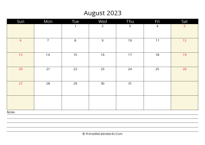 printable august calendar 2023 with us holidays,sunday start, notes at bottom, landscape, letter