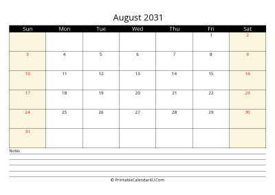 printable august calendar 2031 with us holidays,sunday start, notes at bottom, landscape, letter