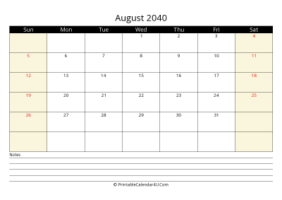 printable august calendar 2040 with us holidays,sunday start, notes at bottom, landscape, letter