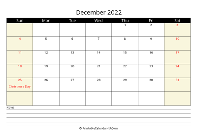 printable december calendar 2022 with us holidays,sunday start, notes at bottom, landscape, letter