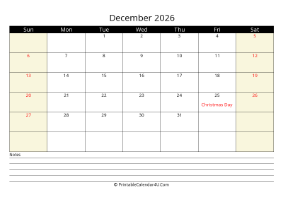 printable december calendar 2026 with us holidays,sunday start, notes at bottom, landscape, letter