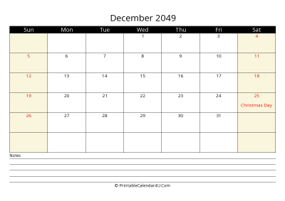 printable december calendar 2049 with us holidays,sunday start, notes at bottom, landscape, letter