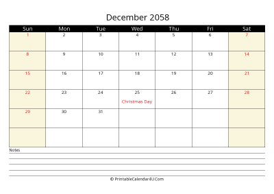 printable december calendar 2058 with us holidays,sunday start, notes at bottom, landscape, letter