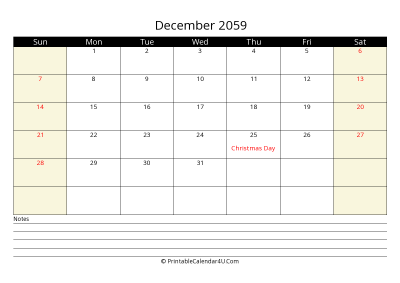 printable december calendar 2059 with us holidays,sunday start, notes at bottom, landscape, letter