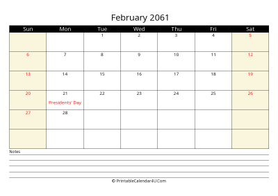 printable february calendar 2061 with us holidays,sunday start, notes at bottom, landscape, letter