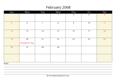 printable february calendar 2068 with us holidays,sunday start, notes at bottom, landscape, letter