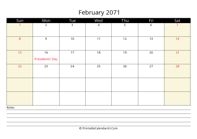 printable february calendar 2071 with us holidays,sunday start, notes at bottom, landscape, letter