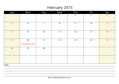 printable february calendar 2073 with us holidays,sunday start, notes at bottom, landscape, letter