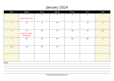 printable january calendar 2024 with us holidays,sunday start, notes at bottom, landscape, letter