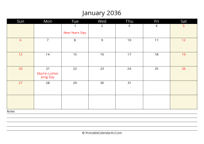 printable january calendar 2036 with us holidays,sunday start, notes at bottom, landscape, letter