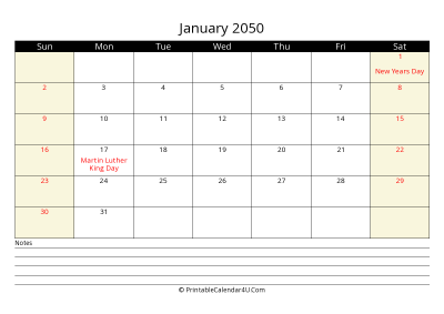 printable january calendar 2050 with us holidays,sunday start, notes at bottom, landscape, letter