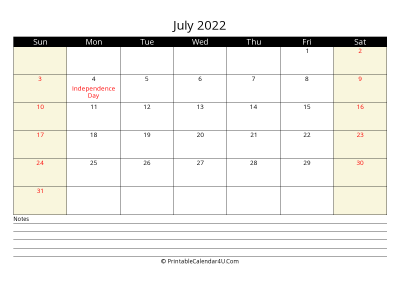 printable july calendar 2022 with us holidays,sunday start, notes at bottom, landscape, letter