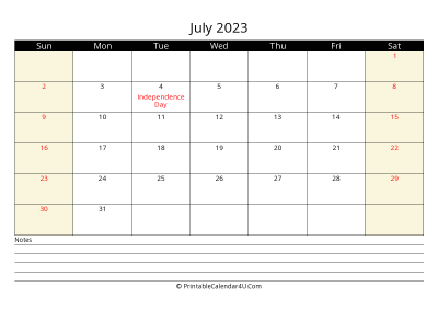 printable july calendar 2023 with us holidays,sunday start, notes at bottom, landscape, letter
