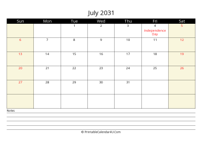 printable july calendar 2031 with us holidays,sunday start, notes at bottom, landscape, letter