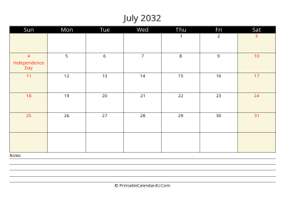 printable july calendar 2032 with us holidays,sunday start, notes at bottom, landscape, letter