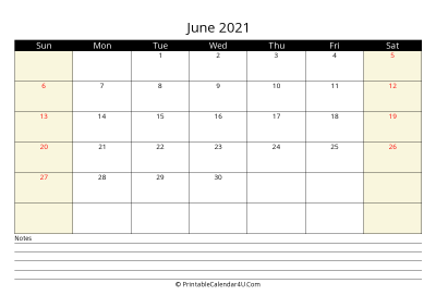 printable june calendar 2021 with us holidays,sunday start, notes at bottom, landscape, letter