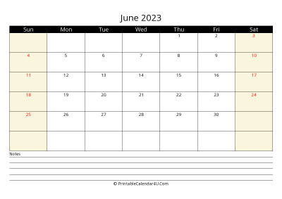 printable june calendar 2023 with us holidays,sunday start, notes at bottom, landscape, letter
