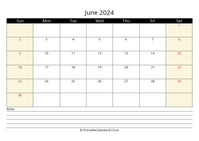 printable june calendar 2024 with us holidays,sunday start, notes at bottom, landscape, letter