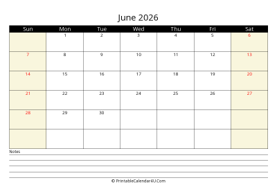 printable june calendar 2026 with us holidays,sunday start, notes at bottom, landscape, letter