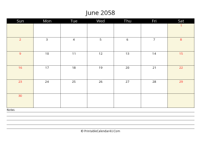 printable june calendar 2058 with us holidays,sunday start, notes at bottom, landscape, letter