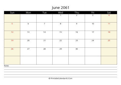 printable june calendar 2061 with us holidays,sunday start, notes at bottom, landscape, letter
