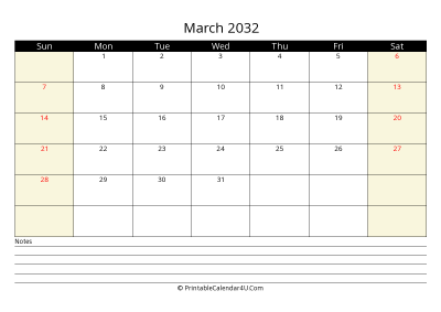 printable march calendar 2032 with us holidays,sunday start, notes at bottom, landscape, letter
