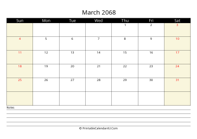 printable march calendar 2068 with us holidays,sunday start, notes at bottom, landscape, letter