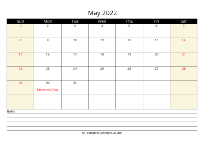 printable may calendar 2022 with us holidays,sunday start, notes at bottom, landscape, letter