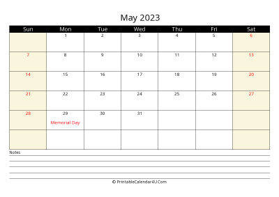 printable may calendar 2023 with us holidays,sunday start, notes at bottom, landscape, letter