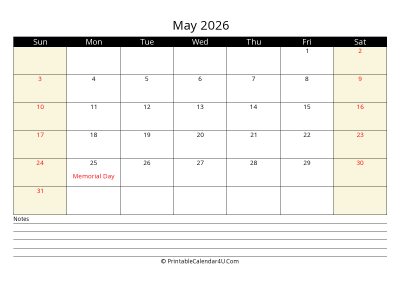 printable may calendar 2026 with us holidays,sunday start, notes at bottom, landscape, letter