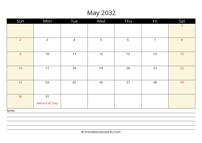 printable may calendar 2032 with us holidays,sunday start, notes at bottom, landscape, letter