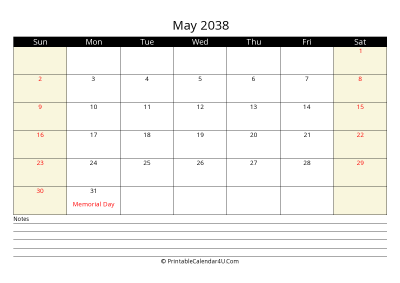 printable may calendar 2038 with us holidays,sunday start, notes at bottom, landscape, letter