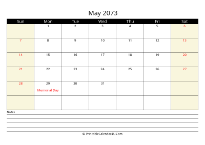 printable may calendar 2073 with us holidays,sunday start, notes at bottom, landscape, letter