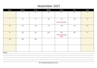 printable november calendar 2021 with us holidays,sunday start, notes at bottom, landscape, letter