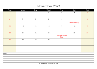 printable november calendar 2022 with us holidays,sunday start, notes at bottom, landscape, letter