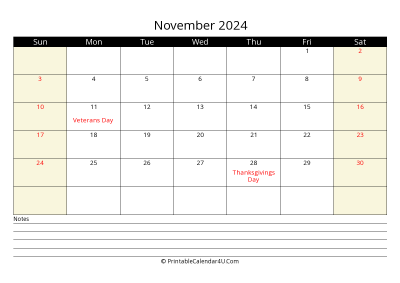 printable november calendar 2024 with us holidays,sunday start, notes at bottom, landscape, letter