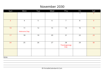 printable november calendar 2030 with us holidays,sunday start, notes at bottom, landscape, letter