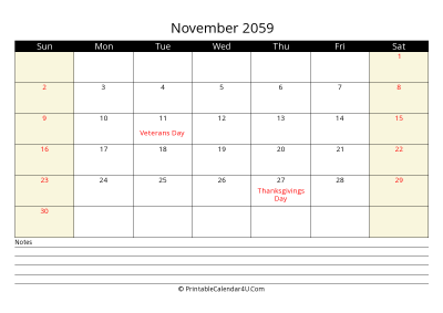 printable november calendar 2059 with us holidays,sunday start, notes at bottom, landscape, letter