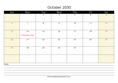 printable october calendar 2030 with us holidays,sunday start, notes at bottom, landscape, letter