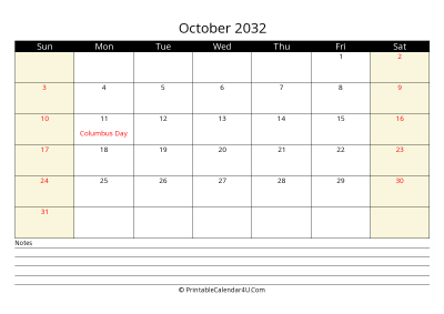 printable october calendar 2032 with us holidays,sunday start, notes at bottom, landscape, letter